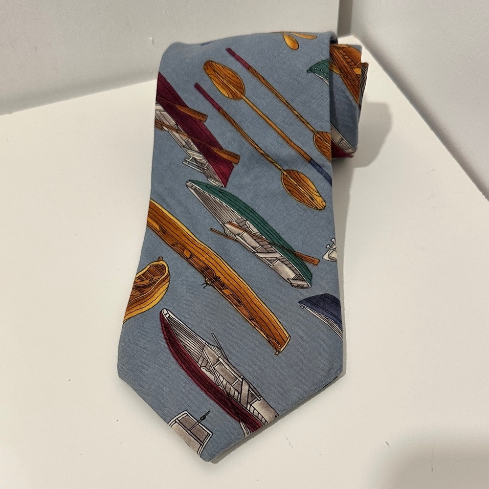 Beans McGee light Blue Canoe & Paddle Pattern Silk Tie